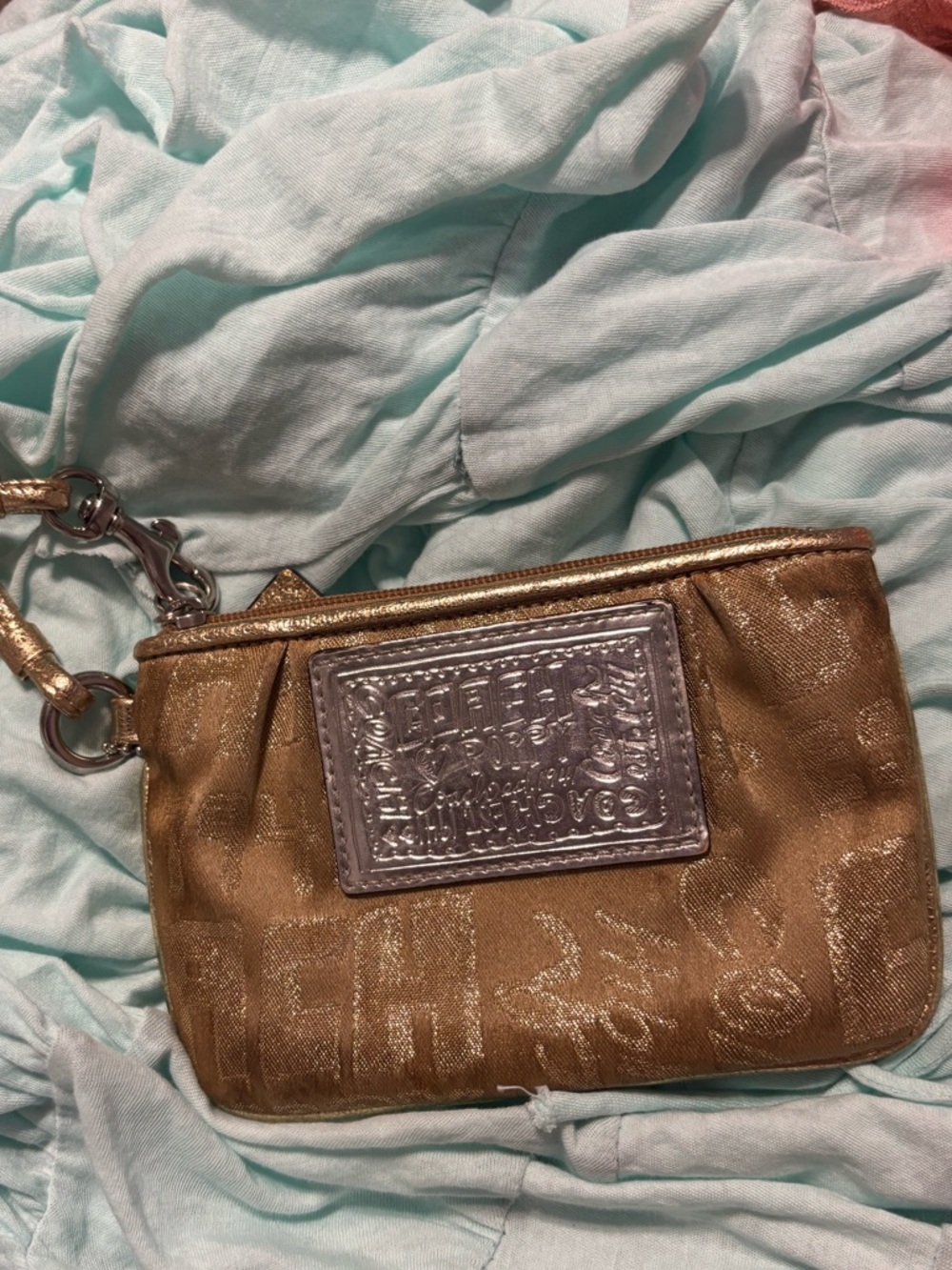 Coach Metallic Gold Wristlet with Silver Logo Patch